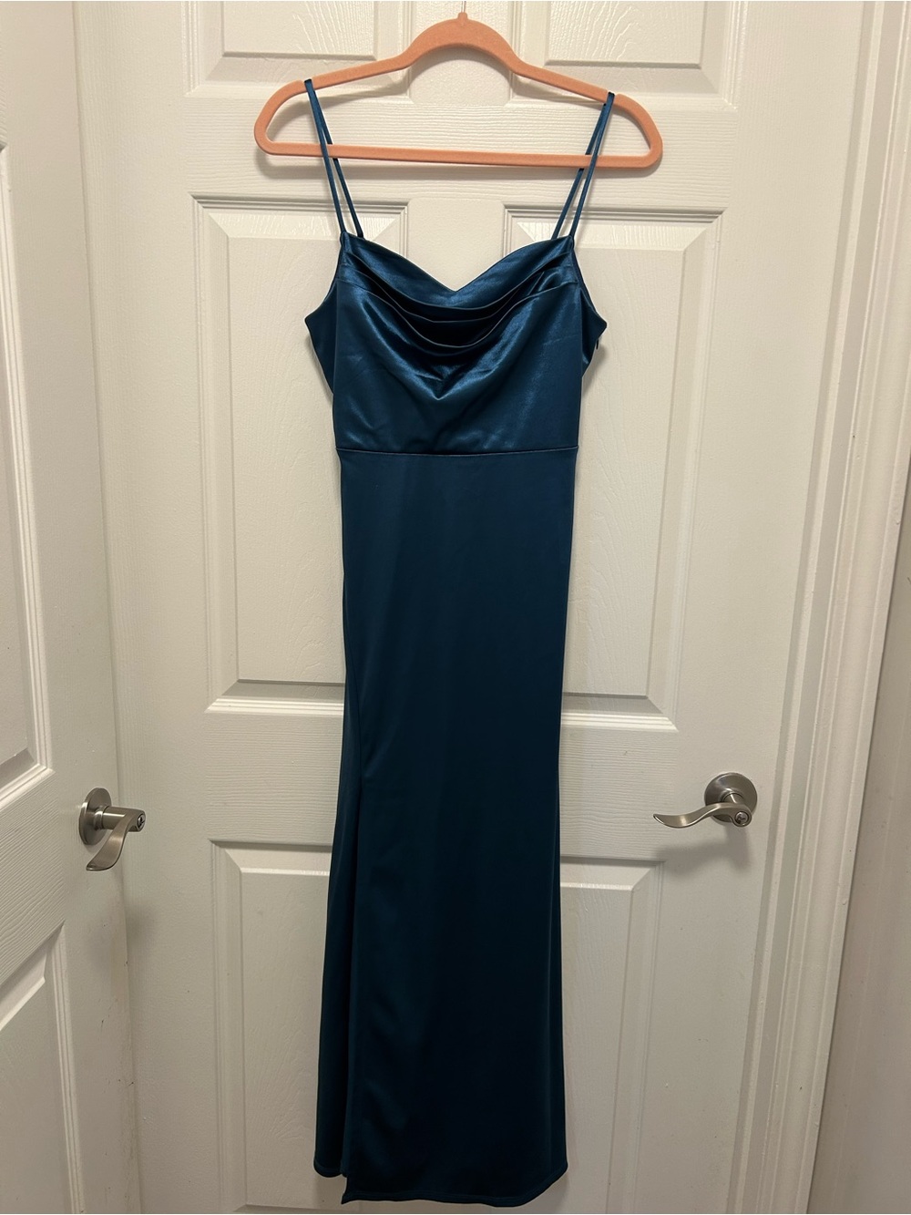 Teal Satin Slip Dress with Cowl Neck